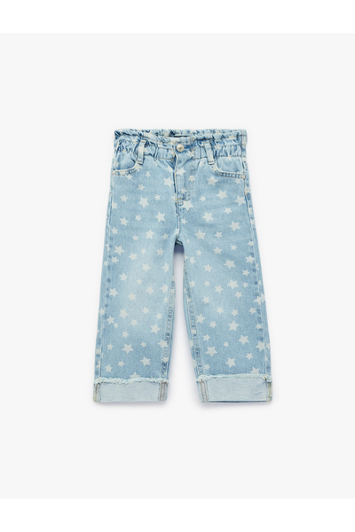 Koton Star Patterned Cotton Wide Leg Denim Trousers with Pockets