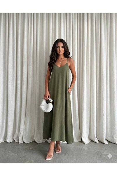 HESİODOS Dress, Women's Dress, Summer Long Dress, Adjustable Straps, Slit, V-...