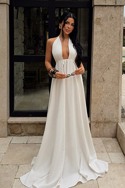 Eyyo Cream Wazi Halter Neck Deep Decolletage Long Dress Ate-4781