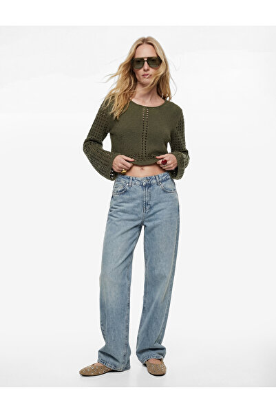 Koton Wide Long Sleeve Round Neck Crochet Openwork Crop Sweater