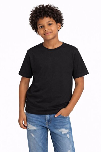 Erkek Çocuk Siyah Basic Tişört Bisiklet Yaka Pamuklu Penye Düz Kısa Kollu Rahat Günlük T-Shirt