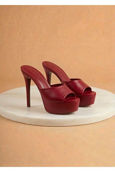 Tarz Topuklar Γυναικείες κόκκινες δερμάτινες παντόφλες με λεπτό τακούνι ειδικ...