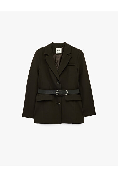 Koton Buttoned Pocketed Wide Collar Belted Detailed Blazer Jacket