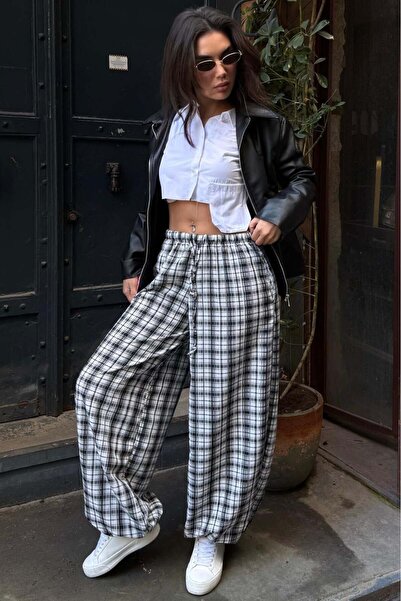 Madmext White Plaid Pattern High Waist Balloon Fit Women's Trousers Mg2726