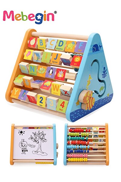 MEBEGIN مركز أنشطة خشبي للأطفال، ألعاب مثلثة الشكل، مكعب أنشطة 5 في 1 مع أحرف...