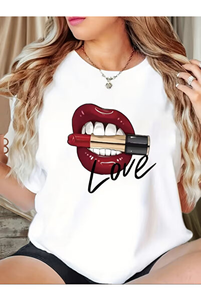 LİNA06 Valentine'S Day Women'S Plus-Size Short-Sleeve T-Shirt with Lip Patter...