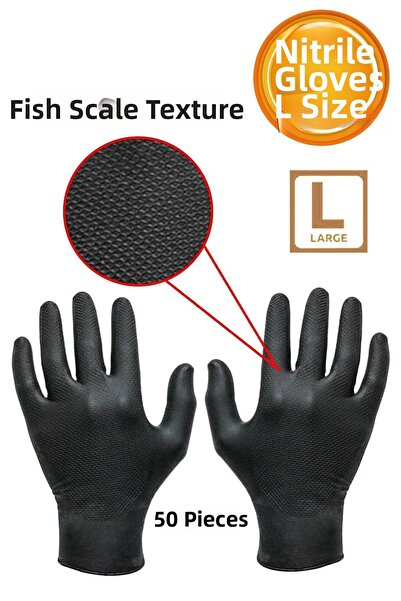 YCKTEDARİK Serrated Extra Thick Black Nitrile Gloves 50 X 10 Pack - Large