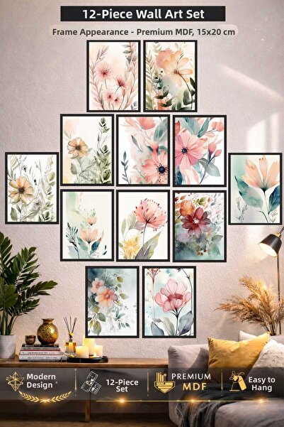 UNT Pastel Flower Themed 12-Piece Mdf Wall Painting Set – Modern Decorative F...