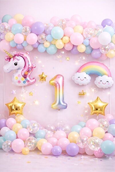 Laviyosa Unicorn Rainbow Pastel Birthday Balloon Set Chain Age Balloon Party ...