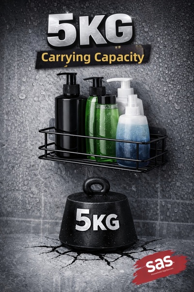 Sas Haus Raft de baie cu adeziv negru, suport pentru șampon pentru duș cu 2 f...