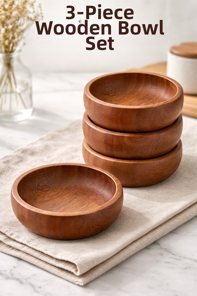 MUTFAKÇIM Natural Wooden Bowl Set of 3 – Bamboo Presentation & Snack Bowl