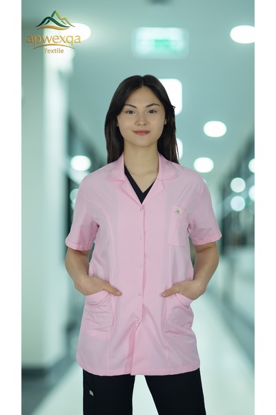 apwexqa tekstil Classic Collared Short-Sleeved Jacket Oversized Pink Work Apron