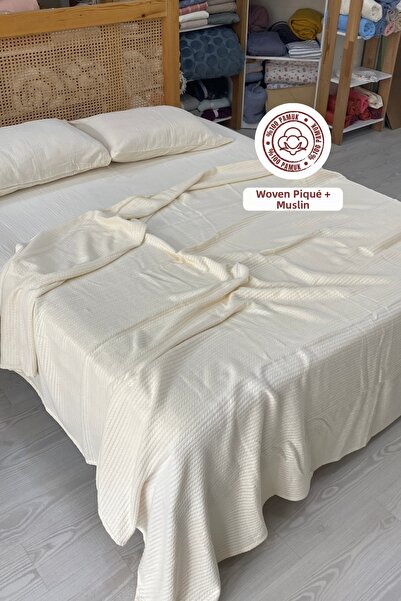 sutra 100% Cotton King Size Muslin Knitted Pique Set with Elastic Sheets