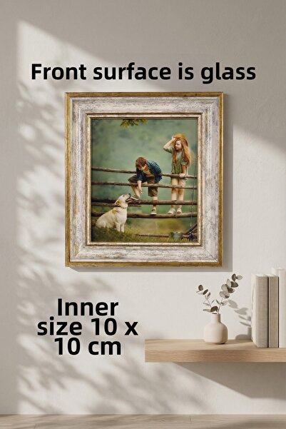 Asya Çerçeve Decorative Antique Patterned Square 10X10 Glass Cream-Gold Plast...
