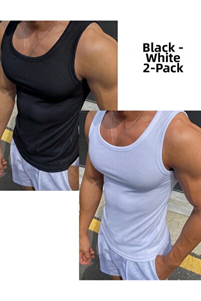 Riowela Men's Sports Singlet - Cotton Flexible Black White 2 Pack