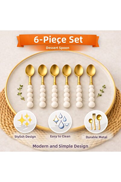 ARVALE 6 Pieces of Gold Pearl Detailed Dessert Spoons