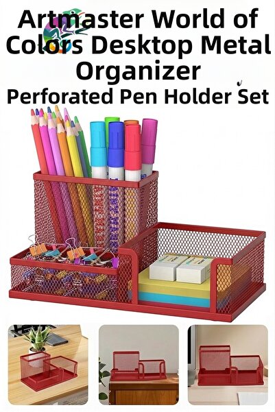 Artmaster Set de suporturi pentru pixuri din metal roșu pentru birou, 3 piese...