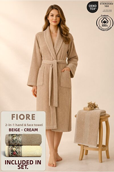 Ellaline 2 Piece Striped Women's Bathrobe Set 100% Cotton Certified + Gift Fi...