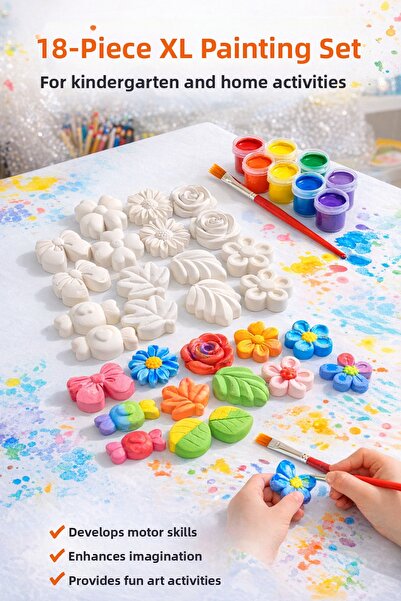 MİSSEHOME 18 Pieces (3D) Flower Leaf Motif Stone Painting Set Children's Deve...