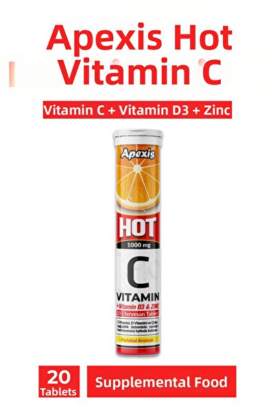 Apexis Hot Vitamin C Vitamin D3 Zinc Effervescent Tablets 20 Tablets Orange F...
