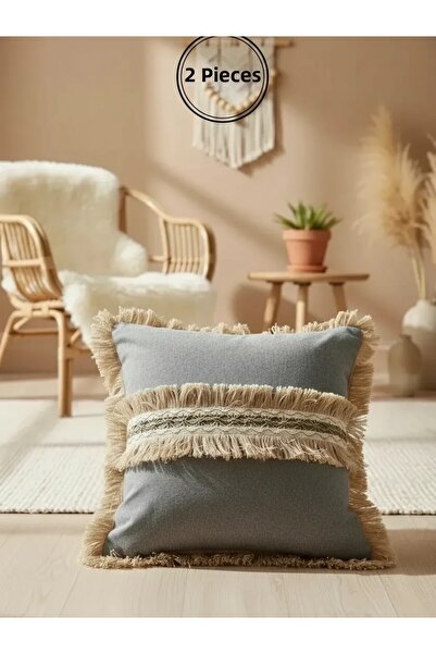 NDC HOME غطاء وسادة رمي مزين بشراشيب من الجوت باللون الرمادي مقاس 43x43