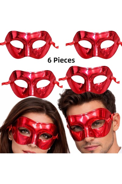 partidolu Red Color Plain Plastic Party Mask Adult 6 Pcs