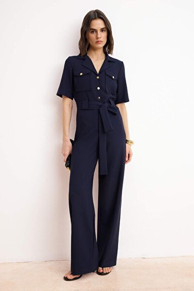 Trendyol Collection Granatowy tkany kombinezon z paskiem i kołnierzykiem, zap...