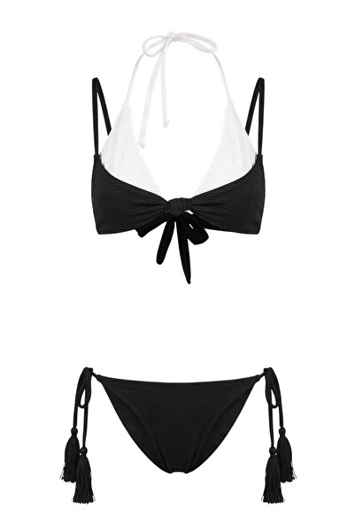 Trendyol Collection Μαύρο αντίθεση χρωμάτων Με υφή Σετ Τριγωνικό Μπικίνι TBES...