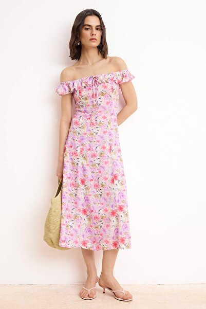 Συλλογή Trendyol Μίντι φόρεμα σε γραμμή Α Carmen Collar Purple Floral μοτίβο ...