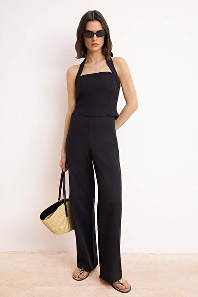 Trendyol Kollektion Schwarze Bluse im Leinen-Look mit gewebtem Unterteil - Ob...