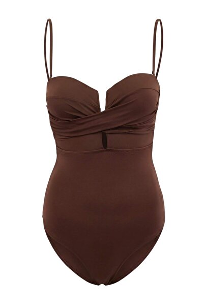 Trendyol Collection Brown Draped Strapless Covered Hipster Swimsuit Tbess25Ma...