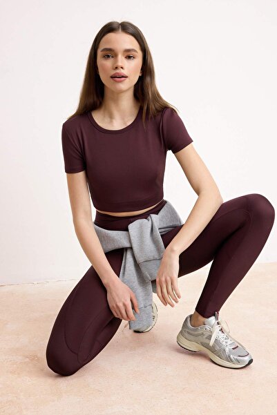 Trendyol Collection Mürdüm Crop Light Support Soft Textured Crew Neck Knitted...