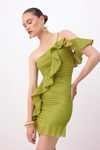 Συλλογή Trendyol Πράσινο φιστικί ίσιο βολάν από τούλι κοντό / μίνι φόρεμα με ...