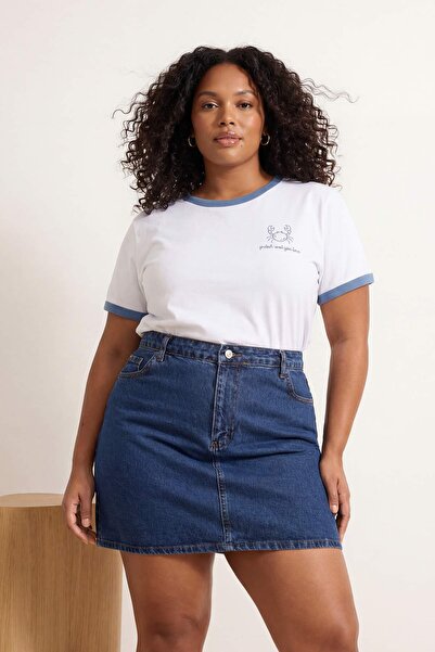 Trendyol Curve Ecru 100% Cotton Embroidered Contrast Trim Detailed Knitted Pl...