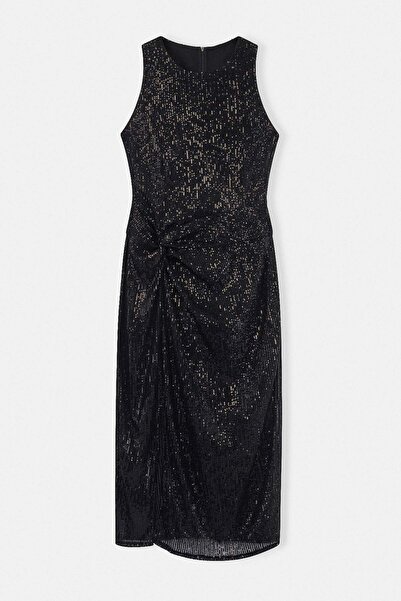 Trendyol Curve Μαύρο πλεκτό φόρεμα με παγιέτες, κομψό βραδινό φόρεμα για χρισ...