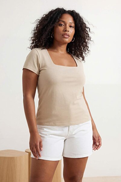 Trendyol Curve Πλεκτή μπλούζα μεγάλου μεγέθους με τετράγωνο γιακά από βαμβάκι...