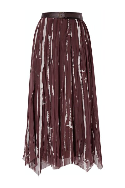 Trendyol Modest Brauner, gefütterter, gemusterter Chiffonrock mit Gürtel TCTS...