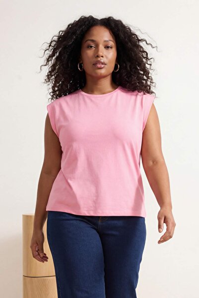 Trendyol Curve Rosafarbenes, 100 % Baumwolle, Wattebausch-Optik, Rundhalsauss...