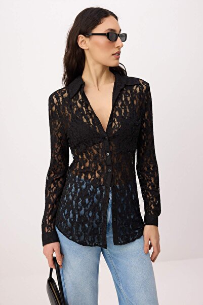 Trendyol Collection Black Plain Fitted Shirt Collar Long Sleeve Lace Knitted ...