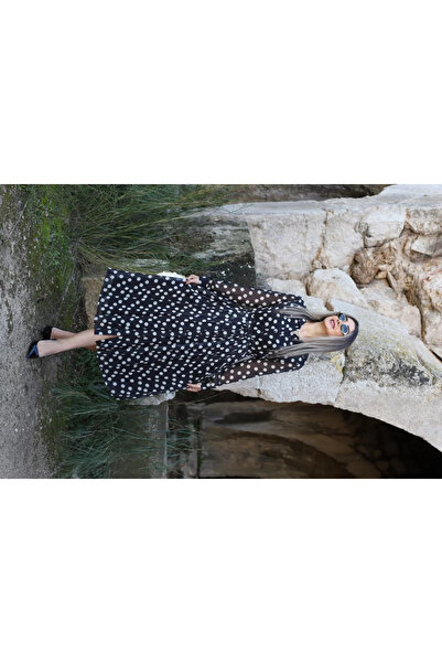 bytugcekaya Siyah Puantiyeli Şifon Beli Büzgülü Astarlı Gömlek Elbise