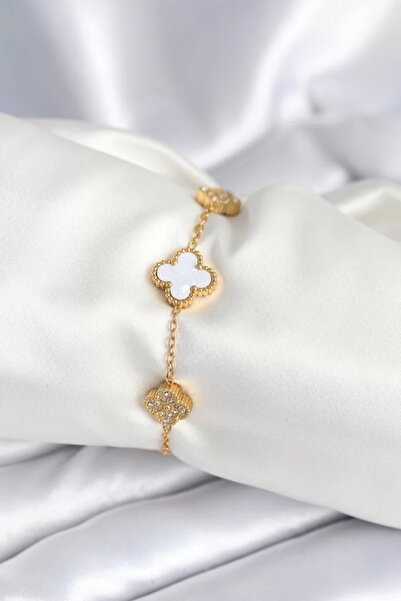 Skygo سوار نسائي من الفولاذ 316L مع حجر الزركون على شكل ورقة البرسيم باللون ا...