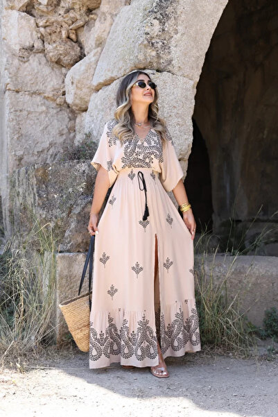 bytugcekaya Φόρεμα μέσης ελαστική με μπεζ σχέδιο