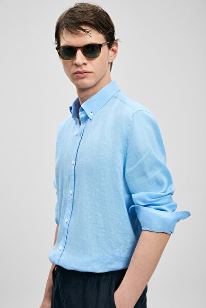 Lufian 111010654 Pitaya Men's Linen Shirt Comfort Fit Men's Shirt Blue