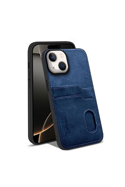 Zebana Apple iPhone 15 Plus Uyumlu Kılıf Kartlıklı Lüx Deri Kılıf Lacivert