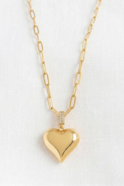 Heart Model Stainless Steel Gold Color Women's Necklace with Zircon Stone - 65 cm