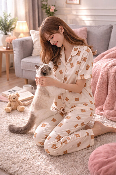 ŞIK VE MUTLU Teddy Bear Milano Fabric Premium Pajama Set