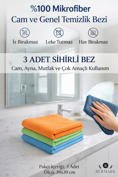bermark %100 Mikrofiber Cam ve Genel Temizlik Bezi 3 Adet- Sihirli Mutfak, Ca...