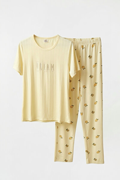 FEG STORE Short Sleeve Lemon Patterned Summer Bottom Top Women's Pajama Set