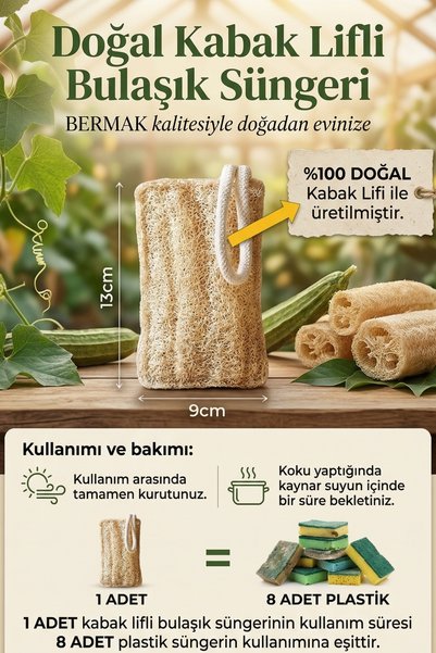 bermark Doğal Kabak Lifli Bulaşık Süngeri - Organik, Bitkisel, Çevre Dostu Etkili Temizlik- 1 Adet