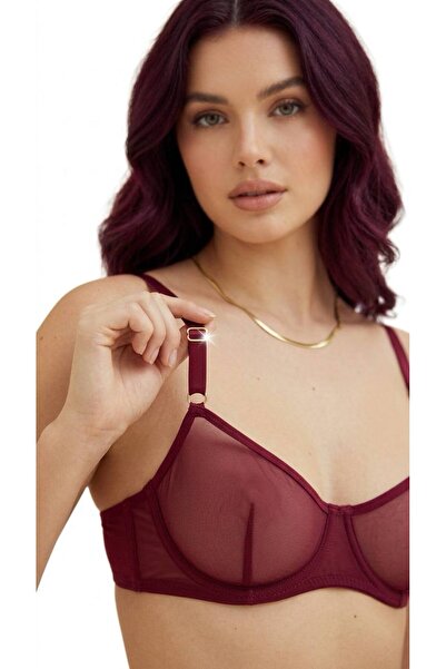 Burgundy Transparent Tulle Underwired Comfortable Cut Bra Thong Set & Uncoated Underwear Set
